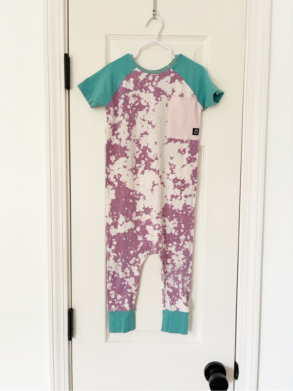 Rags 3/4 One-Piece Romper in Teal and Lavender Splash *hole*